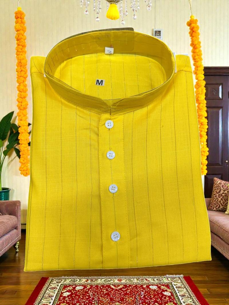  yellow plain cotton blend  men's  kurta