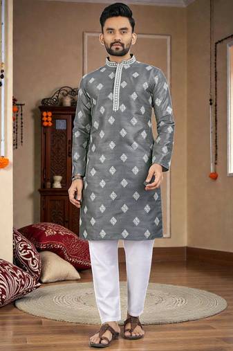  grey embroidered  silk  men's kurta