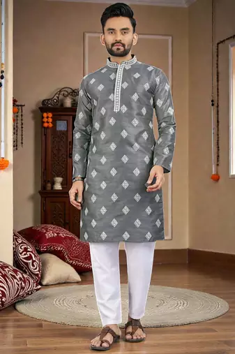  grey embroidered  silk  men's kurta