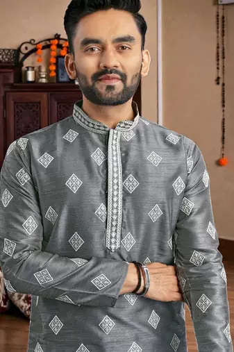  grey embroidered  silk  men's kurta
