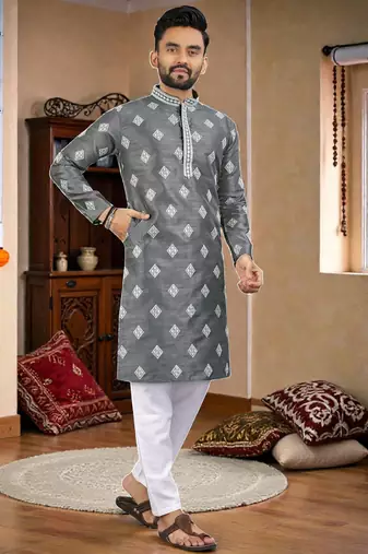  grey embroidered  silk  men's kurta