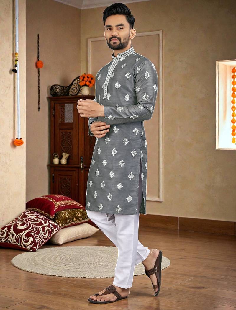  grey embroidered  silk  men's kurta