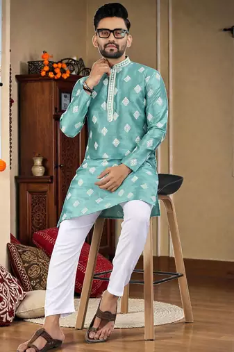  sky blue embroidered  silk  men's kurta