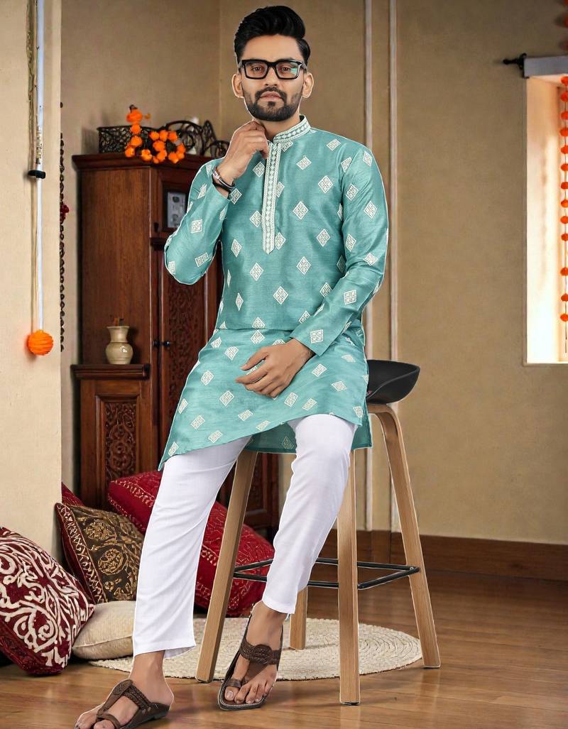  sky blue embroidered  silk  men's kurta