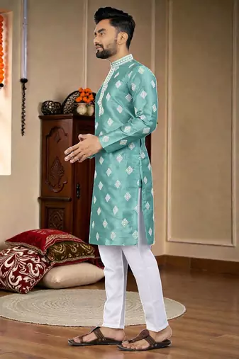  sky blue embroidered  silk  men's kurta