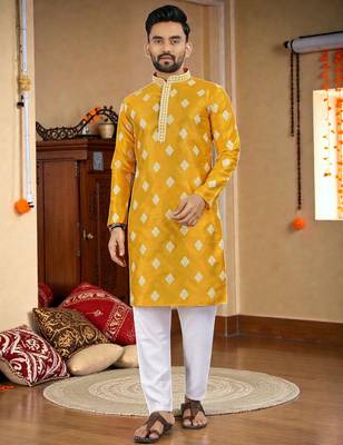  yellow embroidered  silk  men's kurta 1