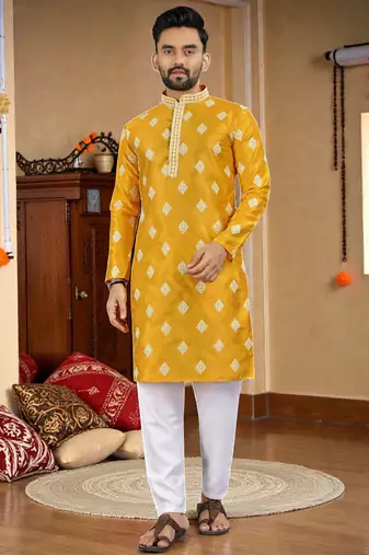  yellow embroidered  silk  men's kurta