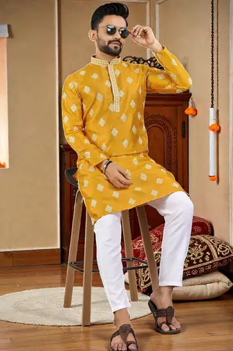  yellow embroidered  silk  men's kurta