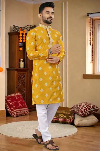  yellow embroidered  silk  men's kurta