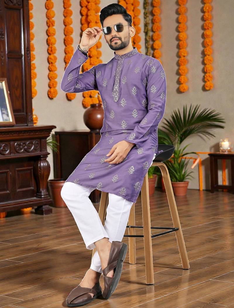  purple embroidered  silk  men's kurta