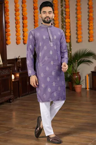  purple embroidered  silk  men's kurta