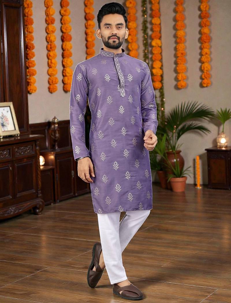  purple embroidered  silk  men's kurta