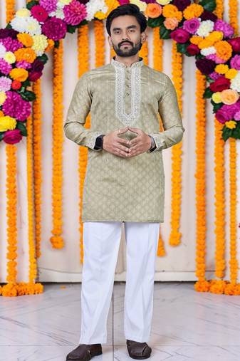 Wedding chiku embroidered  silk men's short kurta 