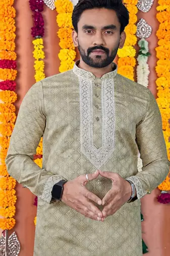 Wedding chiku embroidered  silk men's short kurta 
