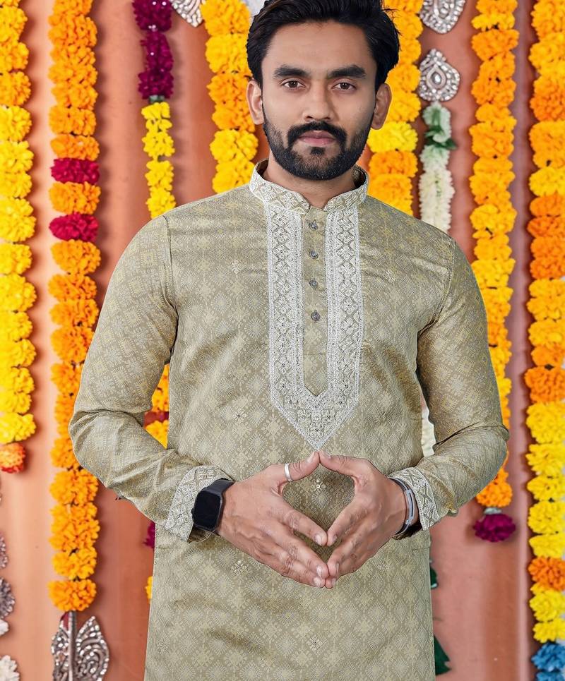 Wedding chiku embroidered  silk men's short kurta 