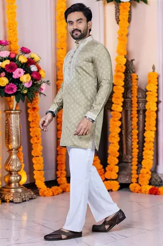 Wedding chiku embroidered  silk men's short kurta 