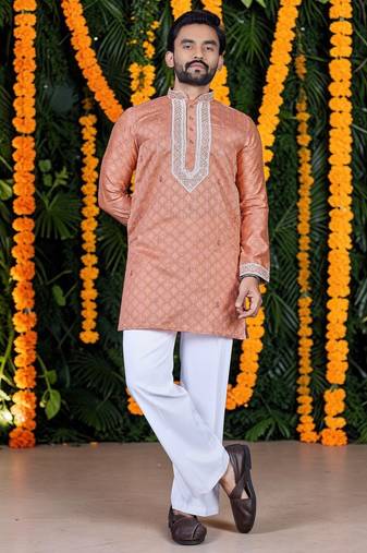 Wedding orange embroidered  silk men's short kurta 