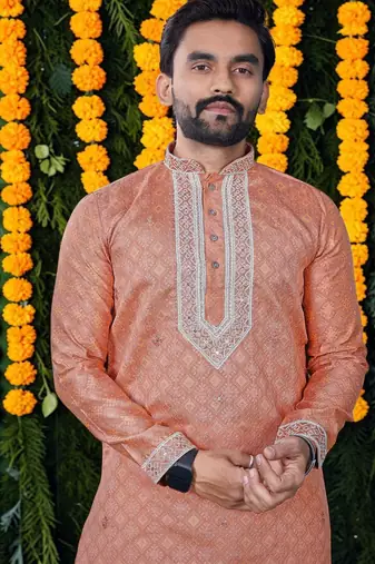 Wedding orange embroidered  silk men's short kurta 