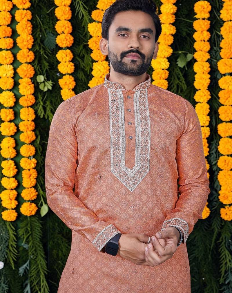 Wedding orange embroidered  silk men's short kurta 