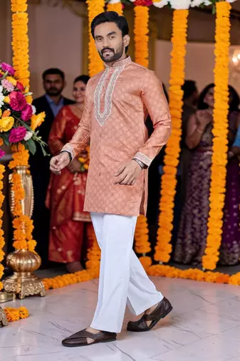 Wedding orange embroidered  silk men's short kurta 