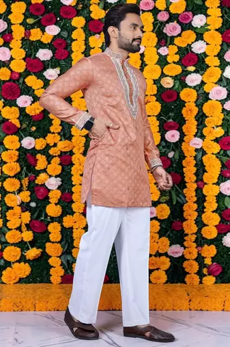 Wedding orange embroidered  silk men's short kurta 
