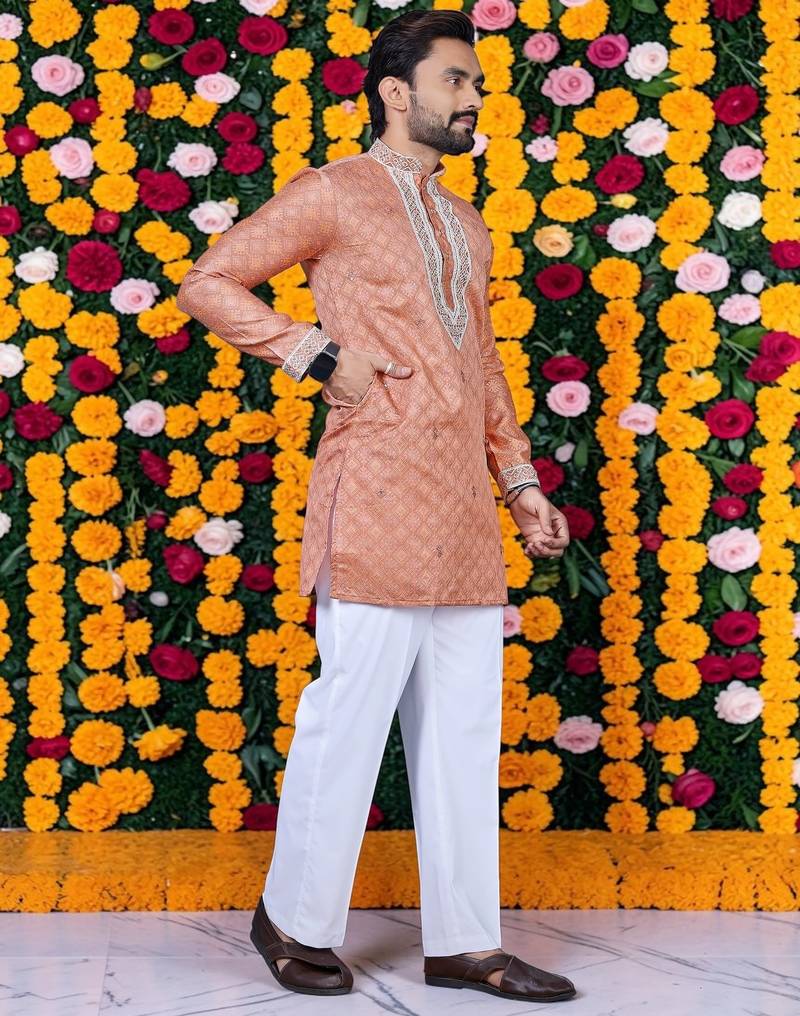Wedding orange embroidered  silk men's short kurta 