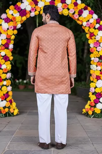 Wedding orange embroidered  silk men's short kurta 