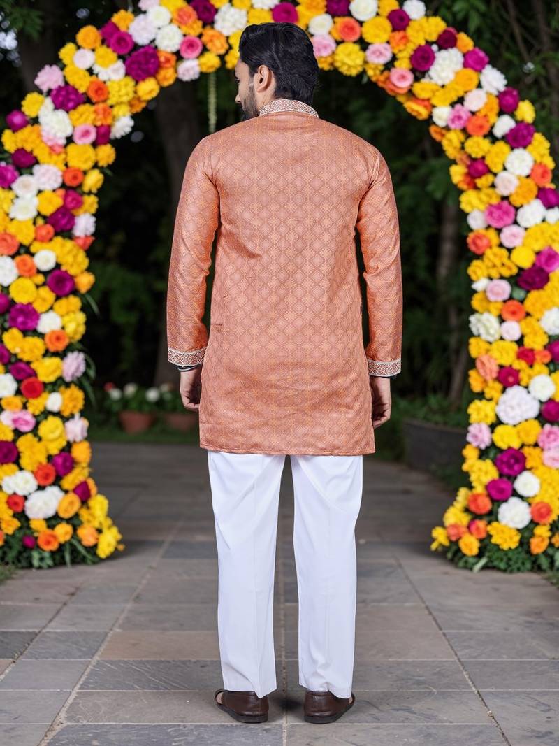 Wedding orange embroidered  silk men's short kurta 