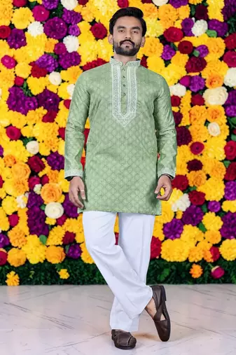 Wedding pista green embroidered  silk men's short kurta 