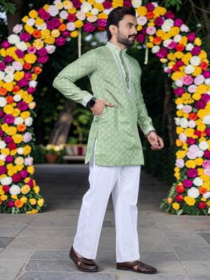 Wedding pista green embroidered  silk men's short kurta  3