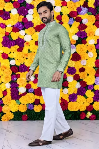 Wedding pista green embroidered  silk men's short kurta 