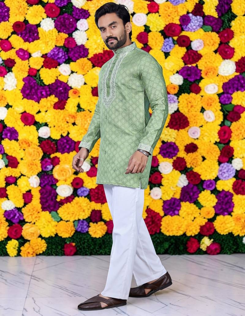 Wedding pista green embroidered  silk men's short kurta 