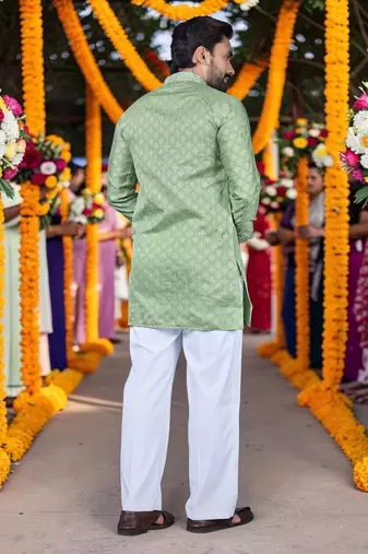 Wedding pista green embroidered  silk men's short kurta 