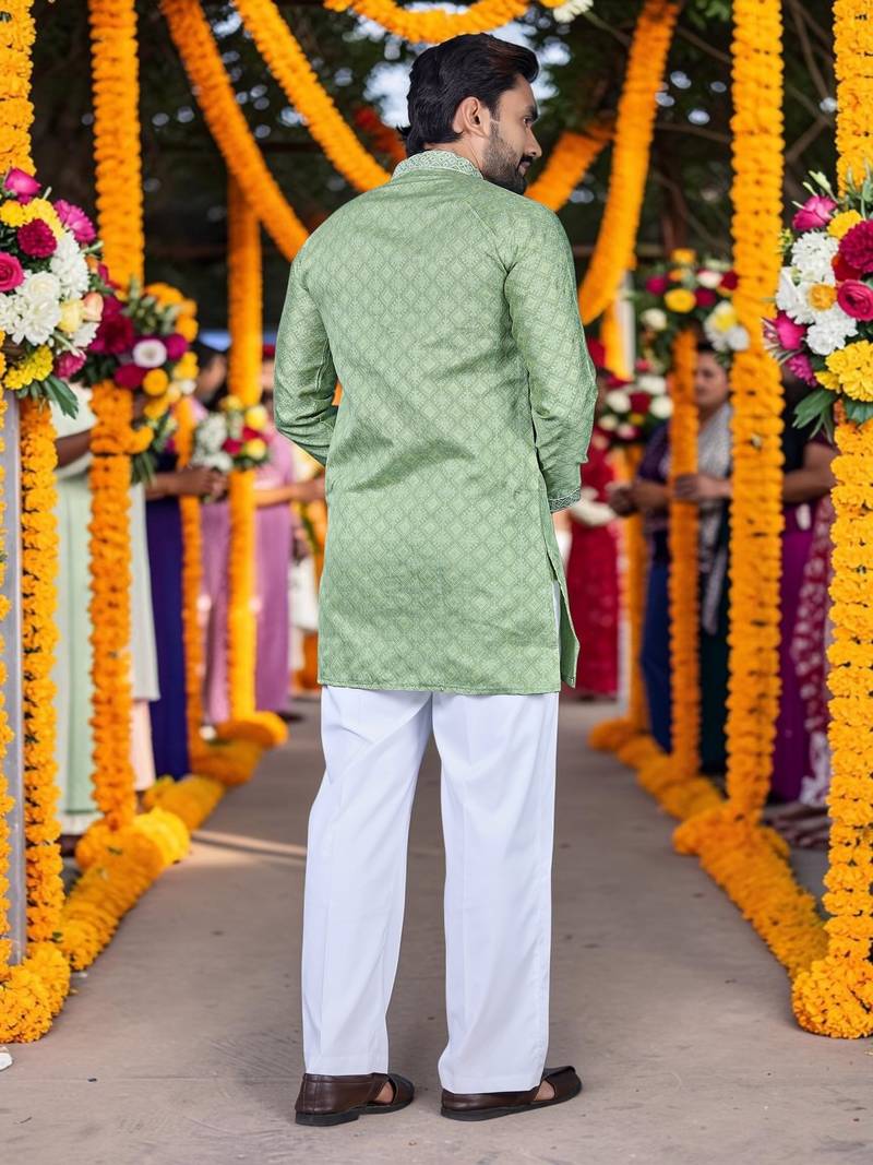 Wedding pista green embroidered  silk men's short kurta 