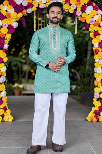 Wedding sea green embroidered  silk men's short kurta 