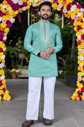 Wedding sea green embroidered  silk men's short kurta 
