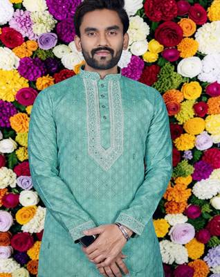 Wedding sea green embroidered  silk men's short kurta  2