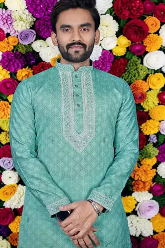 Wedding sea green embroidered  silk men's short kurta 