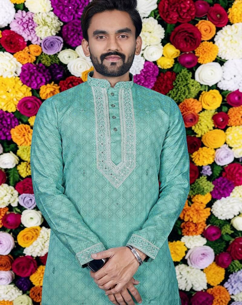 Wedding sea green embroidered  silk men's short kurta 