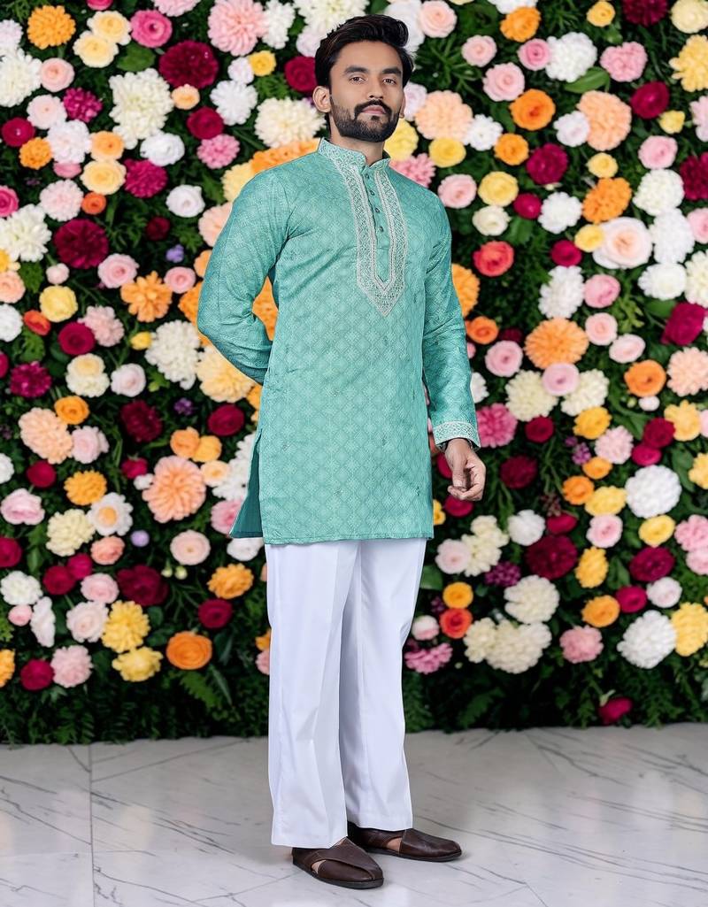 Wedding sea green embroidered  silk men's short kurta 
