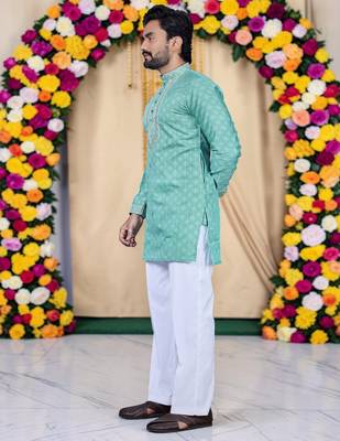 Wedding sea green embroidered  silk men's short kurta  4