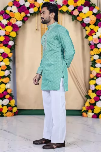 Wedding sea green embroidered  silk men's short kurta 