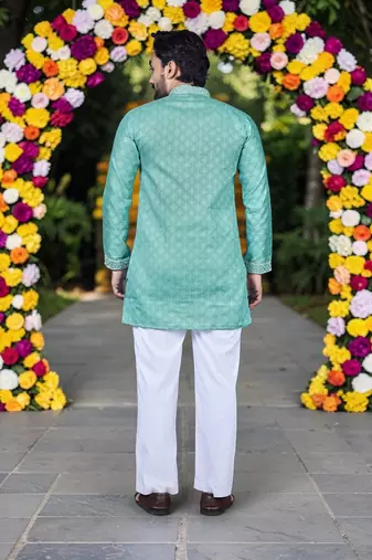 Wedding sea green embroidered  silk men's short kurta 