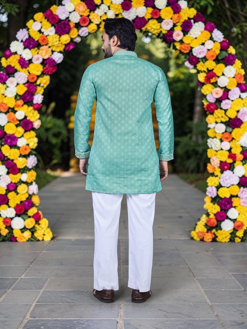 Wedding sea green embroidered  silk men's short kurta 