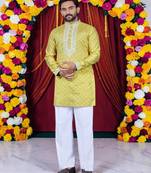 Wedding yellow embroidered  silk men's short kurta 
