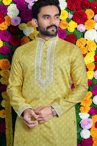 Wedding yellow embroidered  silk men's short kurta 