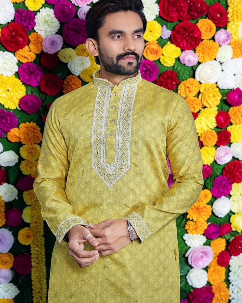 Wedding yellow embroidered  silk men's short kurta 