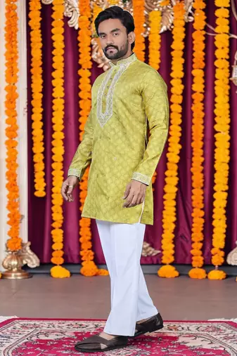 Wedding yellow embroidered  silk men's short kurta 