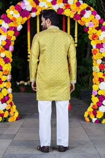 Wedding yellow embroidered  silk men's short kurta 
