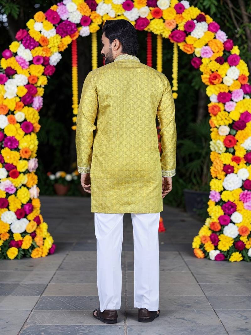 Wedding yellow embroidered  silk men's short kurta 